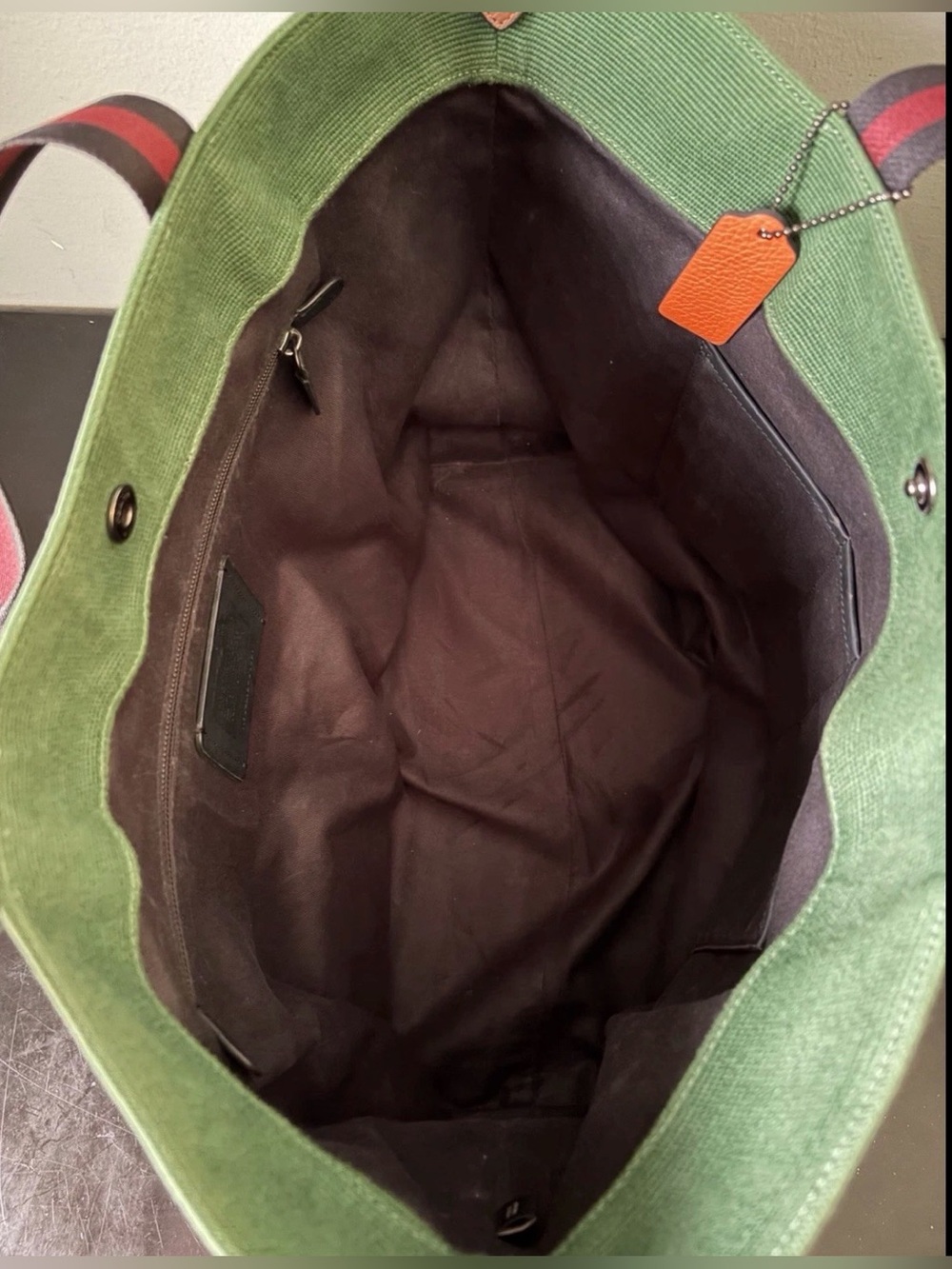 COACH Tote Bag 38 in Colorblock Forest Green Canvas/ Brown Leather/ Navy Stripes - Picture 12 of 16